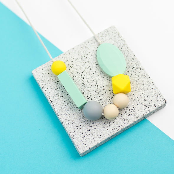 Pretty Asymmetrical Teething Necklace  in Mint, Yellow and Grey