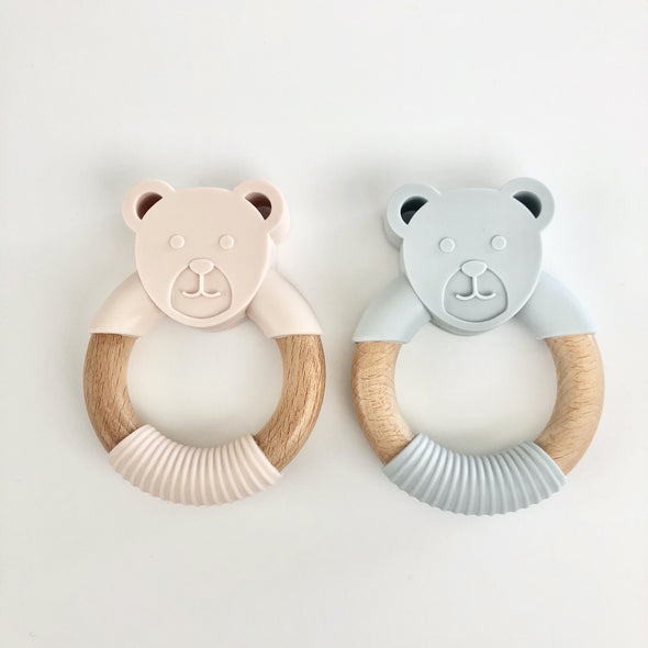 Beech and Silicone Bear Teether in Blush Pink or Grey - Sebandroo