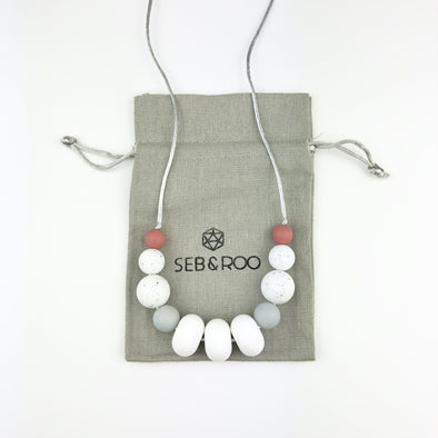 Modern Teething Necklace in White, Grey, Gritty and Maroon with Pouch