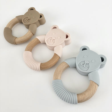 Grey, Beige, Pale Pink Silicone and Wood Baby Teething Rings