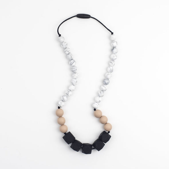 Unusual Teething Necklace with Chunky Beads in Black, Grey Marble and Oatmeal