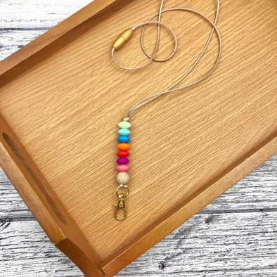 Beaded Lanyard ID Holder in Rainbow Colours and Gold Clip