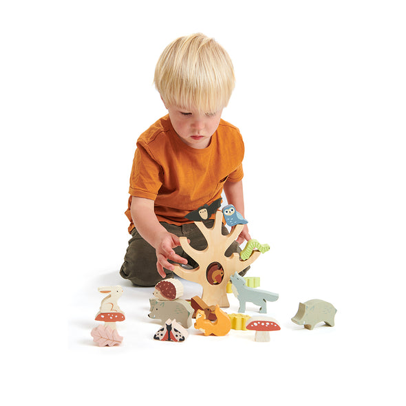 Boy playing with woodland balancing toy