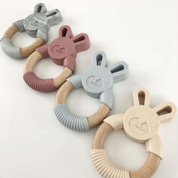Wooden and Silicone Rabbit Teethers in Four Modern Colours