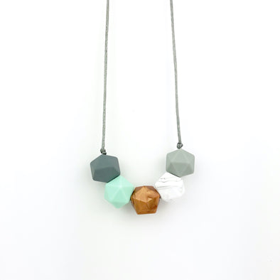 Simple Silicone Teething Necklace in greys, mint green, copper and marble.