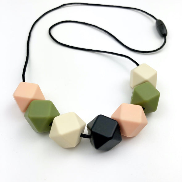 Chunky Teether Necklace With Peach, Black, Cream and Olive Green Beads