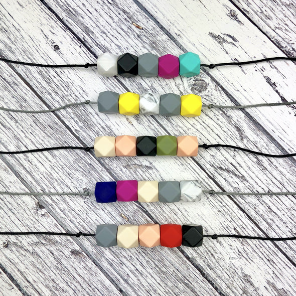Five Bead Teething Necklaces in Modern Colour Combinations